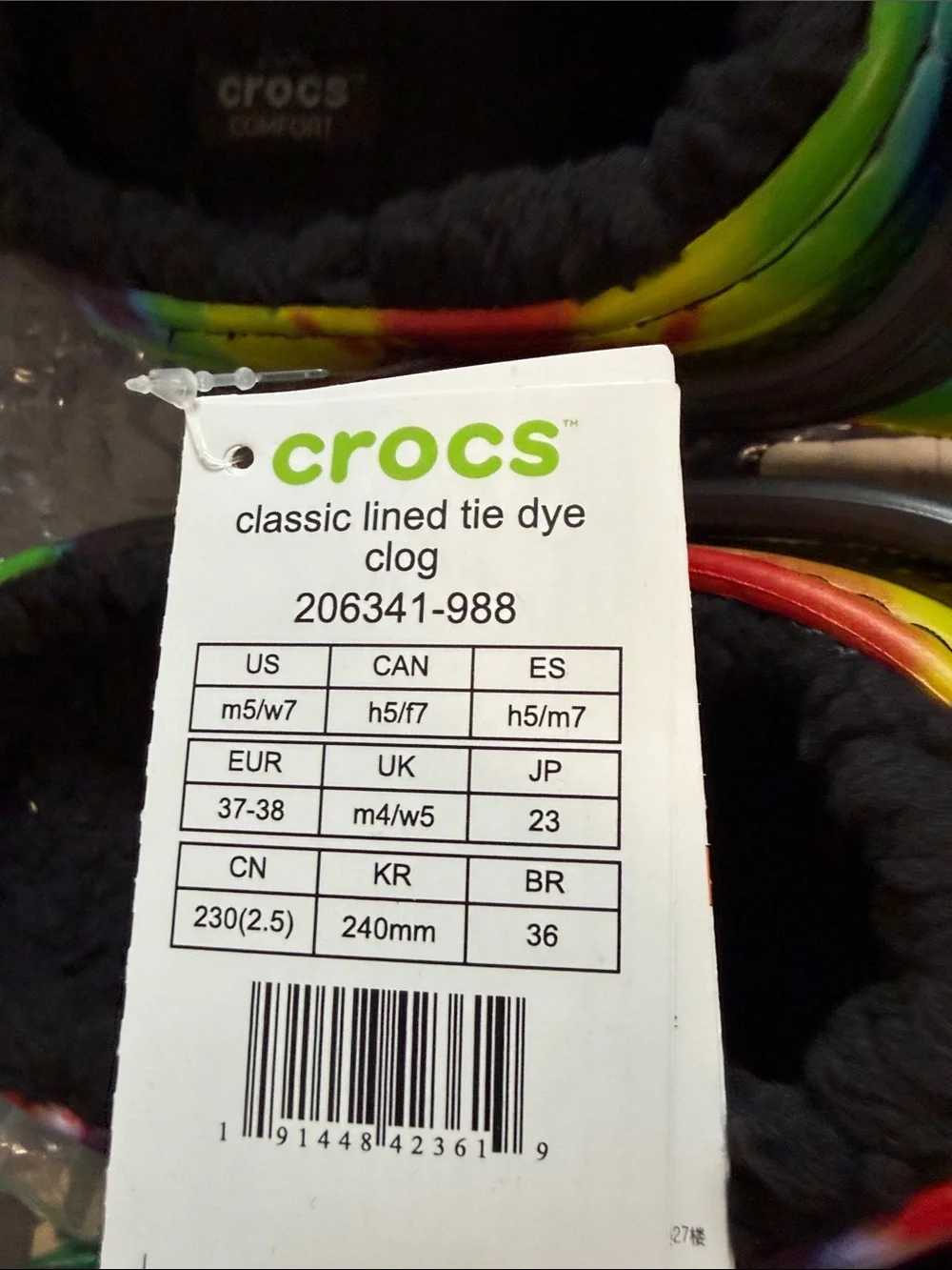 CROCS Kids Tie-Dye Rainbow Fuzzy Lined Clogs - Black Strap